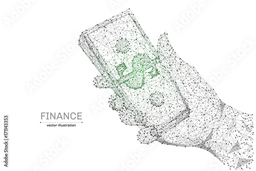 Digital dollars in hand solated low poly wireframe on white background. Cash and finance. Vector abstract polygonal image mash line and point with an inscription.