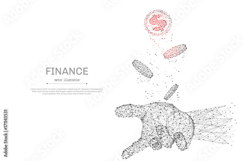 Abstract polygonal hand tosses coins isolated on white background. Low poly wireframe vector illustration. Business and finance digital concept mash line and point with destruct shapes.