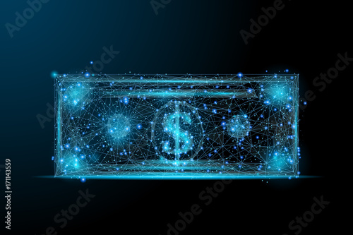 Polygonal dollar note isolated on dark background. Business and finance concept. Low poly vector illustration of a starry sky or Comos. Digital cash images consists of lines, dots and destruct shapes.