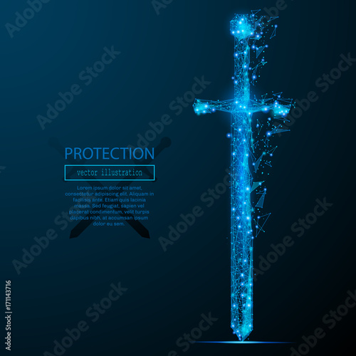 Polygonal Sword isolated on dark background. Protect and secure concept. Low poly vector illustration of a starry sky or Comos. Digital images consists of lines, dots and destruct shapes.
