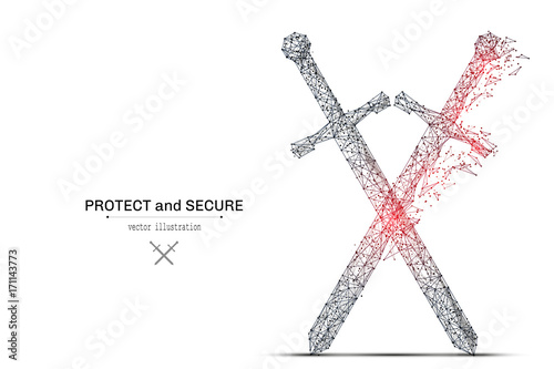 Abstract polygonal crossed swords isolated on white background. Low poly wireframe vector illustration. Protect and secure concept digital concept mash line and point with destruct shapes.