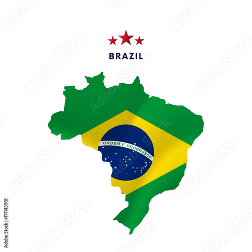Brazil map with waving flag. Vector illustration.