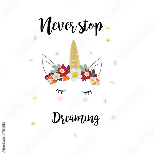 cute unicorn face with motivational quote in vector