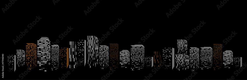 Black geometric isolated abstract big city vector illustration. Night modern town building silhouette, skyscraper frame.