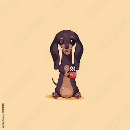 Vector stock illustration emoji of cartoon character dog talisman, phylactery hound, mascot pooch, bowwow dachshund sticker emoticon German badger-dog woke up with cup of coffee emotion design