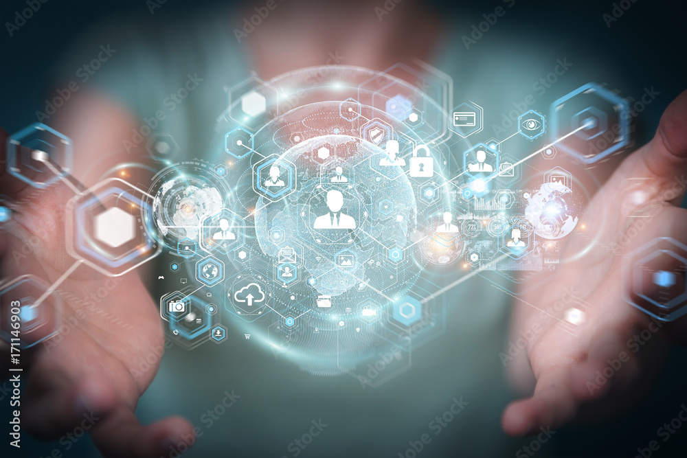 Businesswoman using social network interface 3D rendering Businesswoman using social network interface 3D rendering