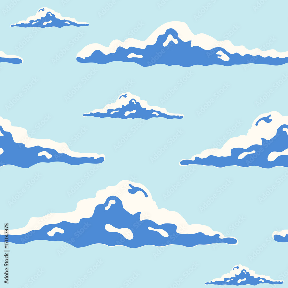 Beautiful seamless pattern with curly clouds of different size in blue sky drawn in pop art style. Backdrop with cloudscape. Modern vector illustration for wallpaper, fabric print, wrapping paper.