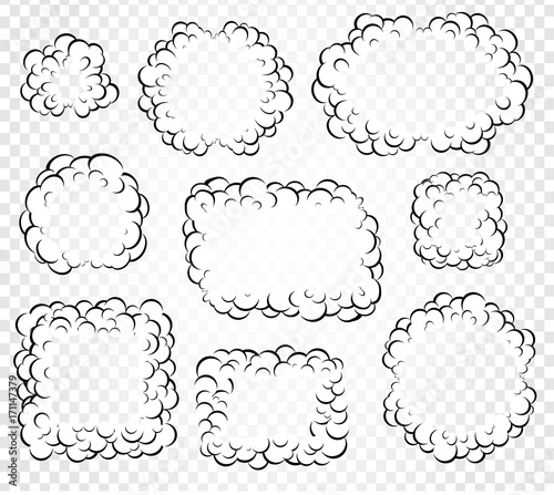 Set of isolated cartoon speech bubbles, frames of smoke or steam, comics dialogue cloud, vector illustration on white transparent background.