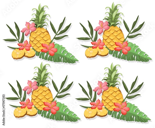 Tropic pattern pineapple and exotic flowers Vector illustration