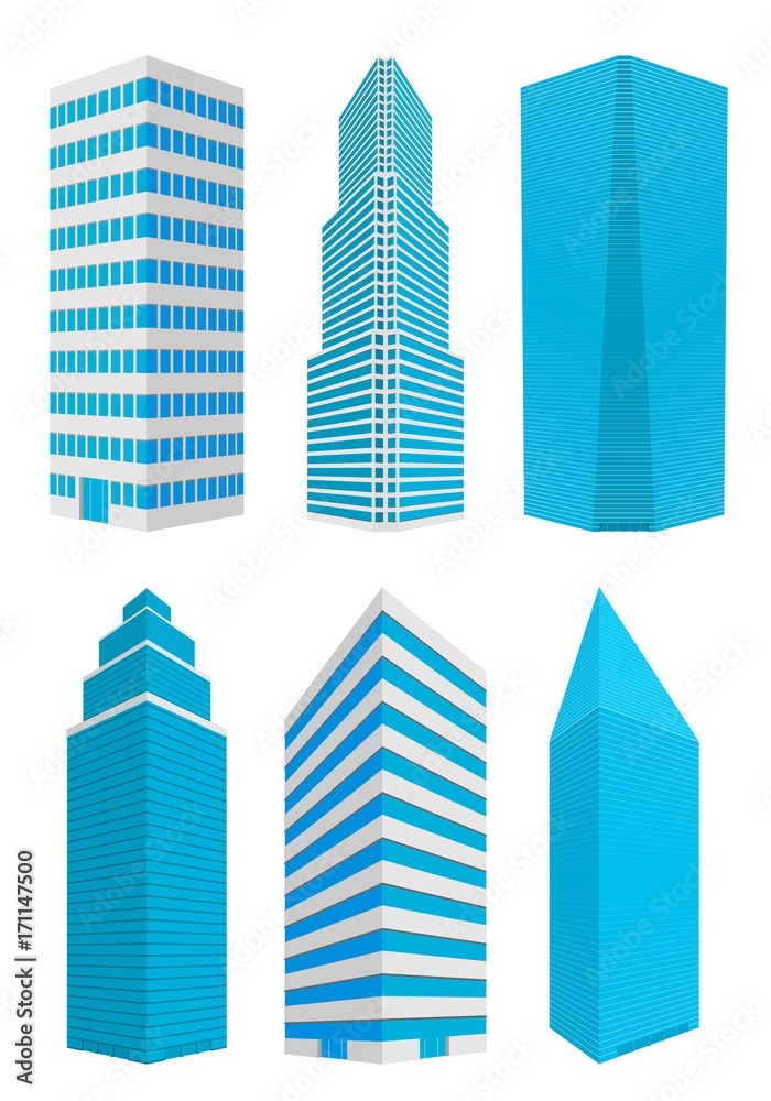 Set of different 3D glass and concrete high skyscrapers with inputs with blue windows and doors on a white background. Modern residential and office high rise buildings