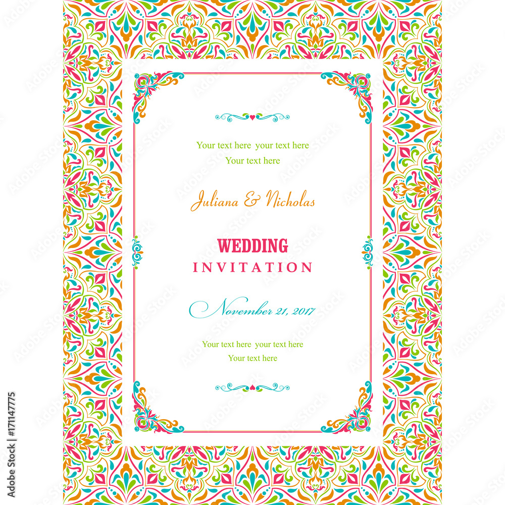 Wedding invitation cards  baroque style blue, green and red. Vintage  Pattern. Retro Victorian ornament. Frame with flowers elements. Vector illustration.