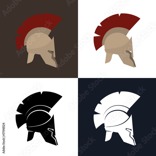 Set of Four Kind Roman Helmet, Color and Silhouette Antiques Greek Helmet for Head Protection Legionnaire with a Crest of Feathers or Horsehair , Vector Illustration
