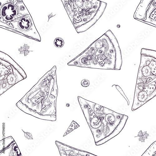 Monochrome seamless pattern with slices of different pizza types and ingredie...