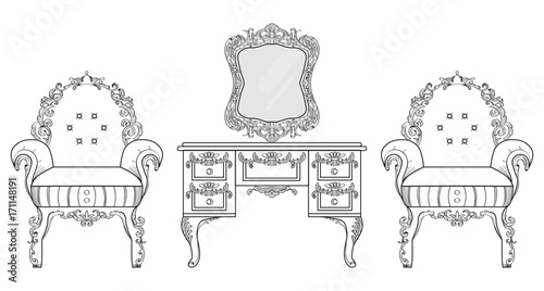 Armchair and dressing table with luxurious ornaments. Vector French Luxury ri...