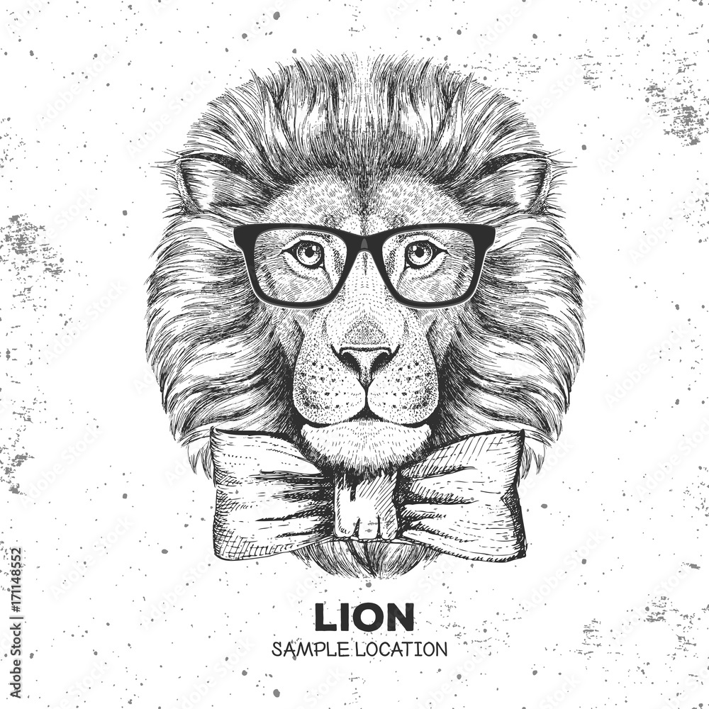 Fototapeta premium Hipster animal lion. Hand drawing Muzzle of lion