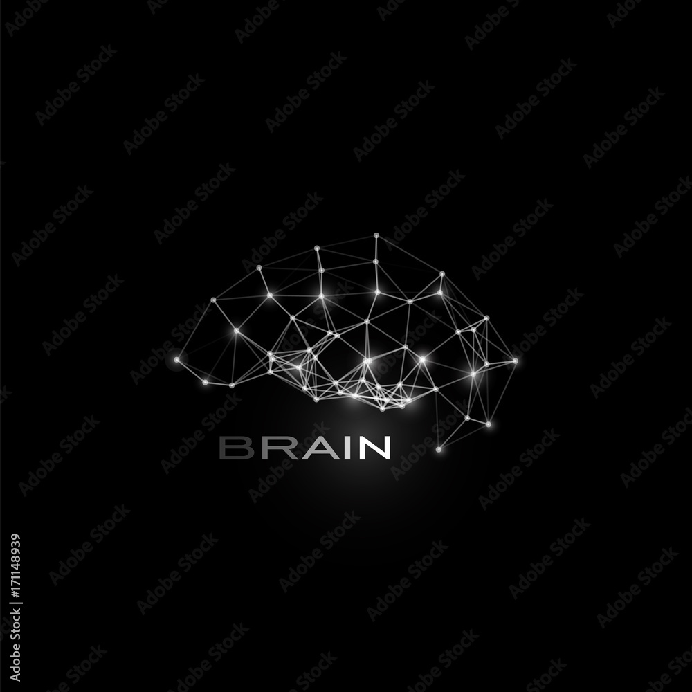 White isolated lines and dots brain, vector shape, polygonal artificial intelligence, data base logo on black cosmic space background. White isolated lines and dots brain, vector shape, polygonal artificial intelligence, data base logo on black cosmic space background.