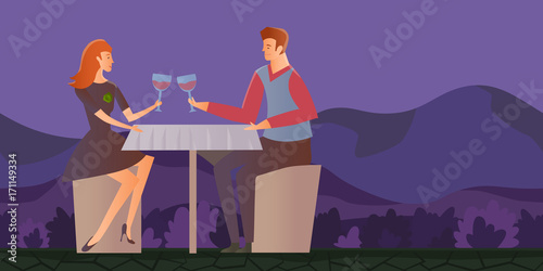 Young couple in love, romantic dinner outdoor. Young man and woman on a date in the night mountain landscape. Vector illustration.