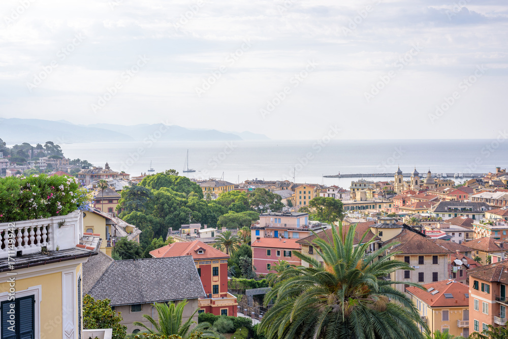 Morning view from above to cloudy day in Santa Margherita Ligure city and sea in Italy