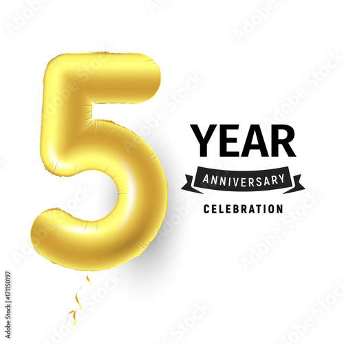 Inflatable golden ball one year with symbol 5. Vector illustration or poster for fifth birthday celebrating of a child, business, anniversary.