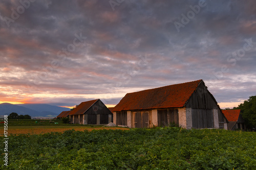 Traditional barns on the edge of a village in northern Slovakia. 