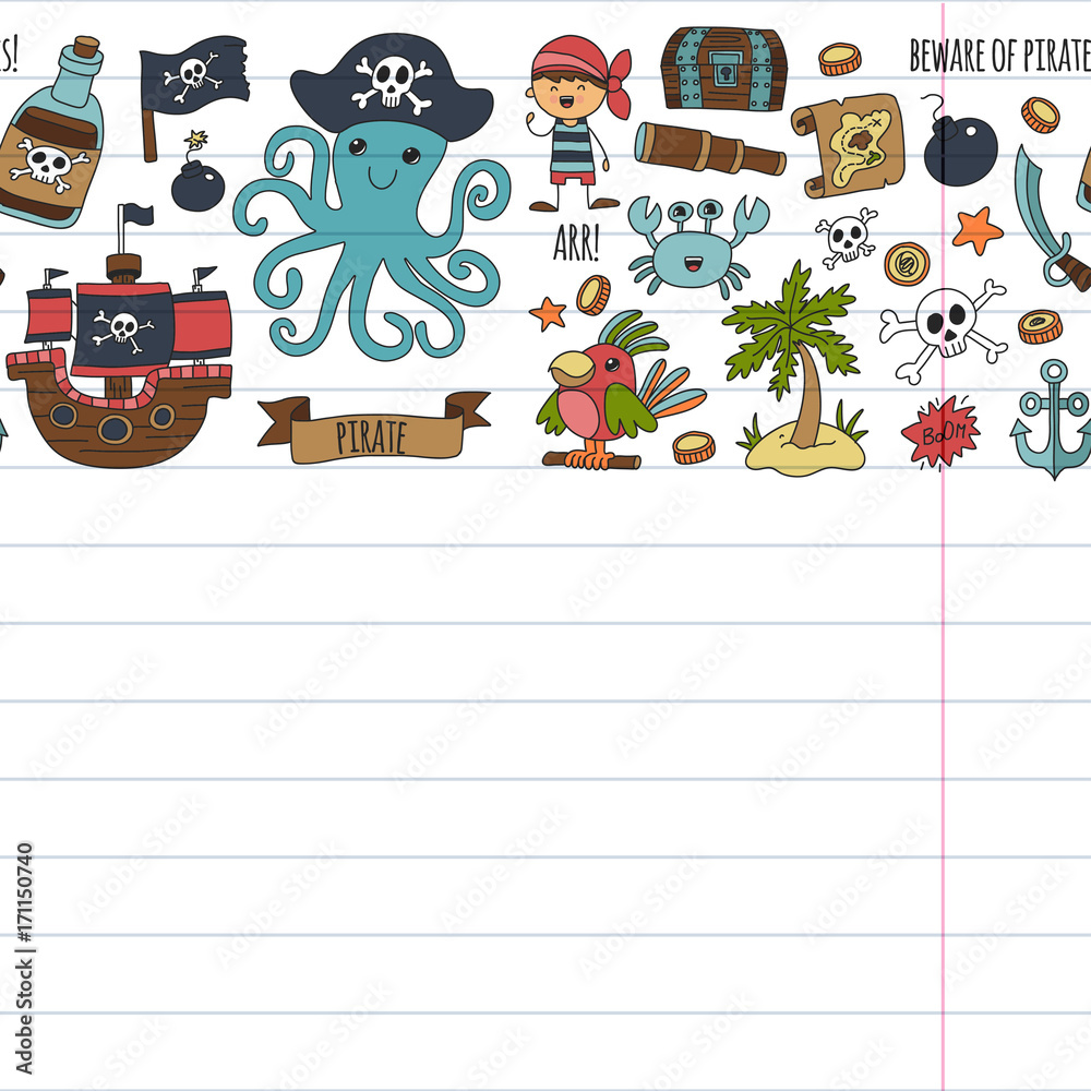 Vector seamless pattern Pirate party for children Kindergarten Kids ...
