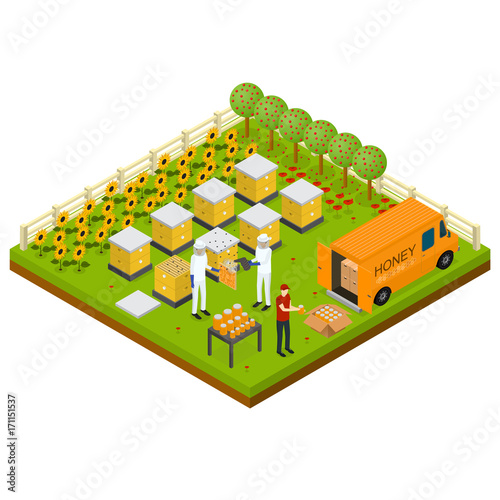 Beekeeping Apiary Farm Isometric Concept Isometric View. Vector