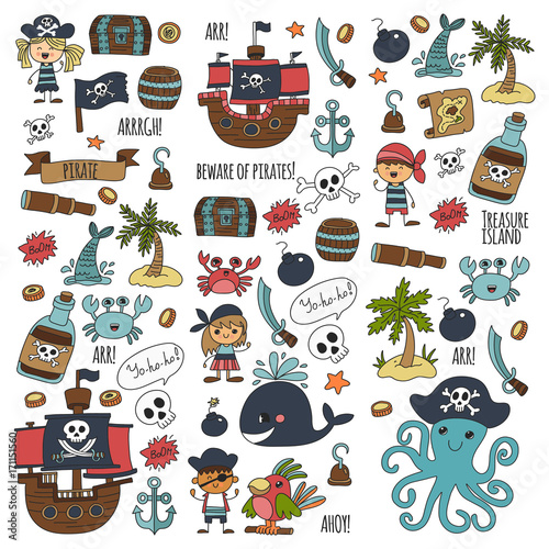 Vector seamless pattern Pirate party for children Kindergarten Kids children drawing style illustration Picutre with pirate, whale, treasure island, treasure map, skulls, flag, ship Birthday party