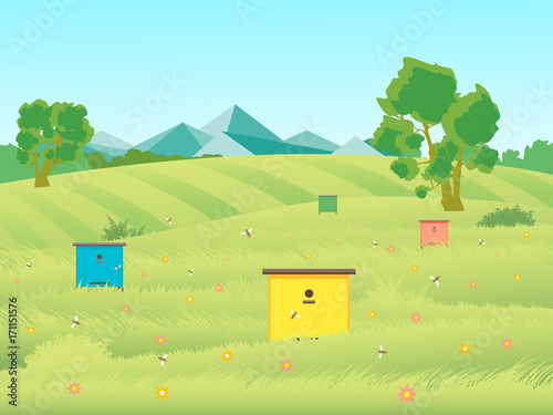 Cartoon Beekeeping Apiary Farm Garden Landscape Background. Vector