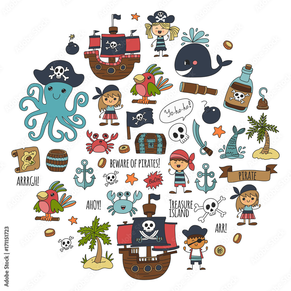 Vector seamless pattern Pirate party for children Kindergarten Kids children drawing style illustration Picutre with pirate, whale, treasure island, treasure map, skulls, flag, ship Birthday party