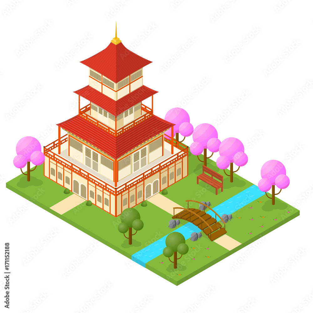 Japanese Temple Isometric View. Vector
