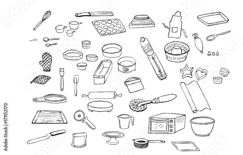 Icon set of line drawings of tools used in the kitchen for baking, muffin tray, whisk, loaf pan, rolling pin, pizza peel, oven thermometer, apron, oven mitts, microplane zester photo