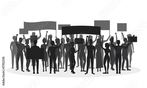 Silhouette Black Protesting Crowd. Vector