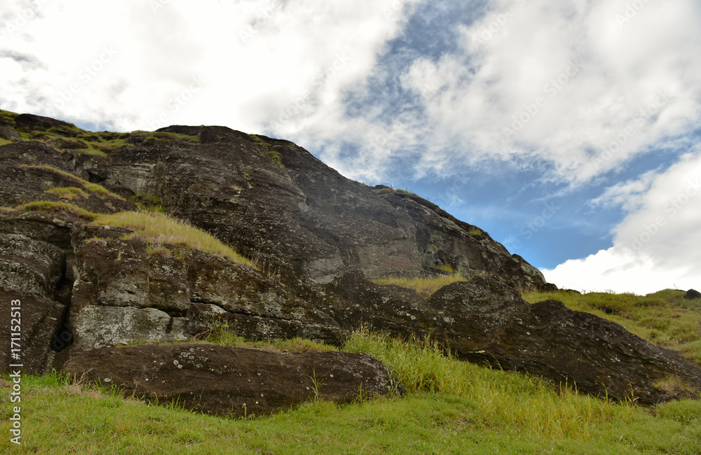 Moai statues in the Rano Raraku Volcano in Easter Island, Chile