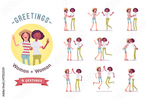 Young women greeting character set, various poses and emotions