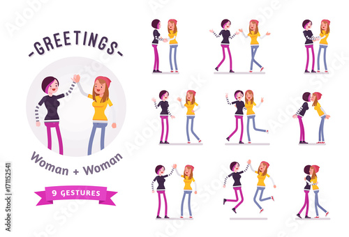 Teen girls greeting character set, various poses and emotions
