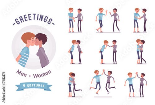 Male and female greeting character set, various poses, emotions