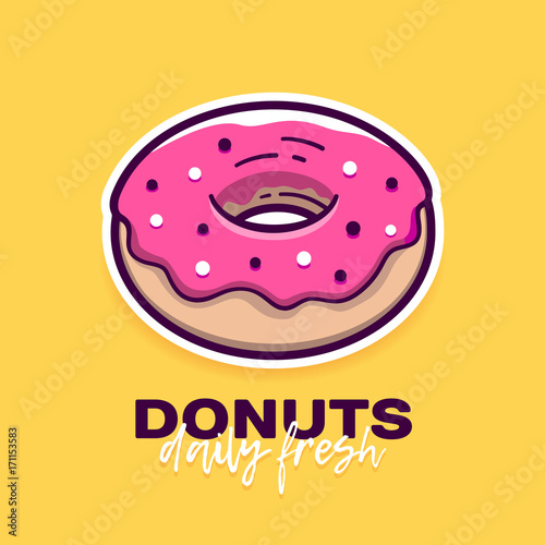 Donut with pink icing in modern flat outline style and slogan Daily Fresh. Cartoon doughnut icon or label for logo and cafe menu. Vector banner design