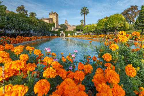 Fotobehang Blooming gardens and fountains of Alcazar de los Reyes Cristianos, royal palace