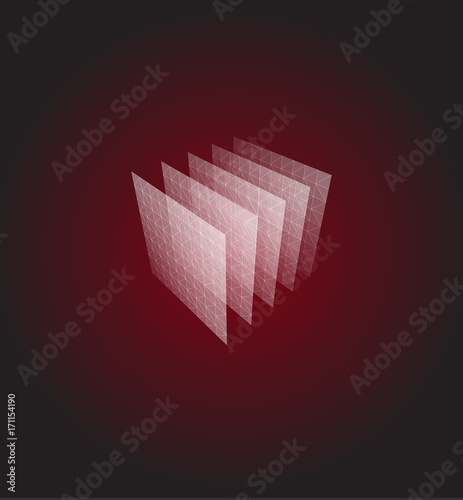 Abstract shape. Red geometric visualization, layers cube. 3d architecture vector illustration.