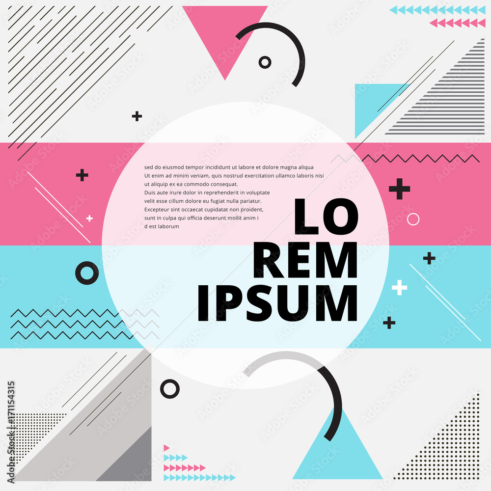 Fototapeta premium Abstract geometric composition forms modern background with decorative triangles, circle, cross, wavy, lines and patterns backdrop vector