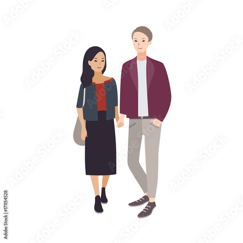 Pair of young man and woman of different nationalities dressed in stylish clo...