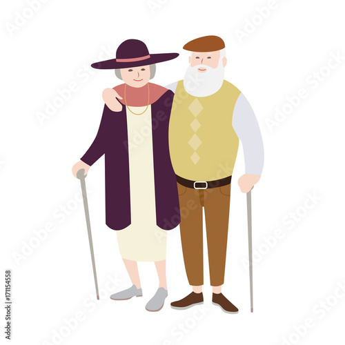Pair of old man and woman dressed in stylish clothing standing with canes and embracing each other. Senior loving couple. Flat cartoon characters isolated on white background. Vector illustration.