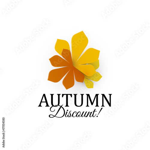 Autumn discount sign. Three autumn colors chestnut leaves. Vector logotype template. Sale label template.