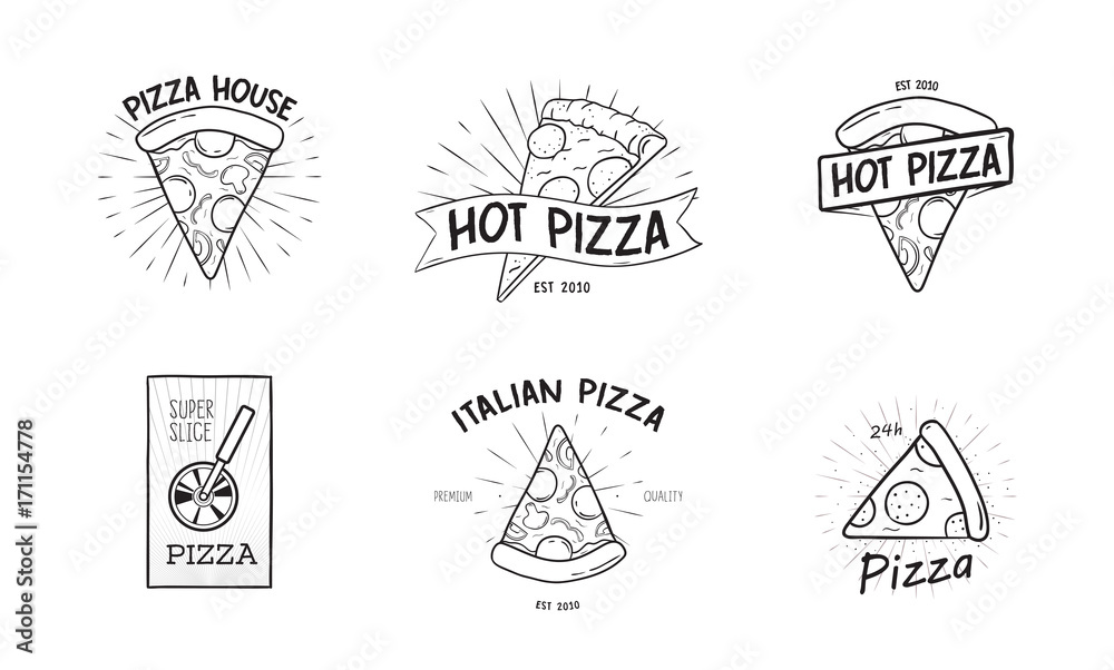 Collection of monochrome logotypes with pizza slices and wheel cutter hand drawn in retro style. Vector illustration in black and white colors for logo of Italian restaurant, food delivery service.