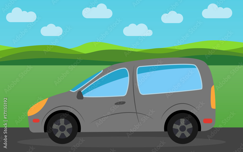 Gray car in the background of nature landscape in the daytime.  Vector illustration.
