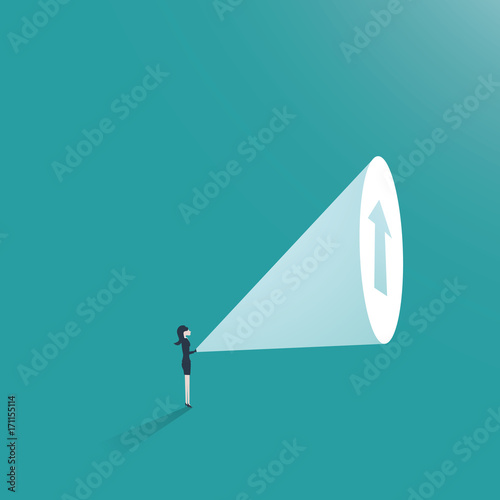 Business woman ambition business concept vector. Businesswoman with flashlight and arrow up as symbol of career promotion and growth.
