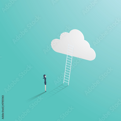 Business success vector concept with businessman standing in front of ladder leading up to the cloud. Symbol of career opportunity, ambition, corporate ladder and growth.