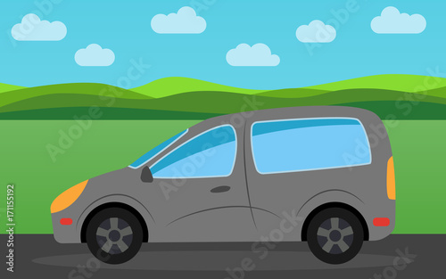 Gray car in the background of nature landscape in the daytime. Vector illustration. 