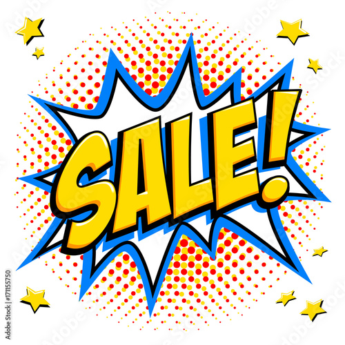 Comics style sale tag. Yellow super sale web banner. Pop art comic sale discount promotion banner. Big sale background. Decorative background with bomb explosive. Comics pop-art style bang shape on