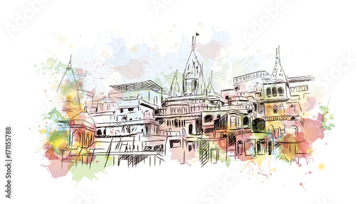 Watercolor sketch of Varanasi Kashi Ghat India in vector illustration.